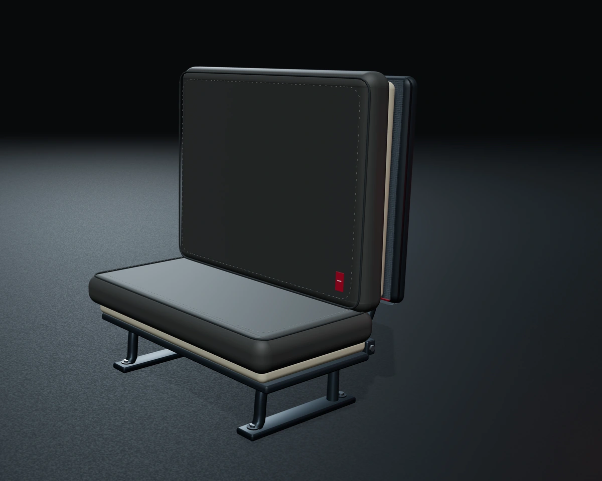 Conceptual detached school-bus bench seat with high upholstered back and a steel support frame, on an empty studio floor.